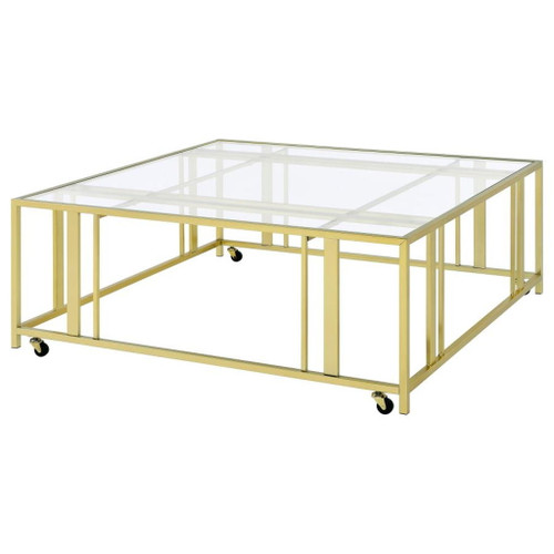 Adri - Square Glass Top Coffee Table With Casters - Matte Brass