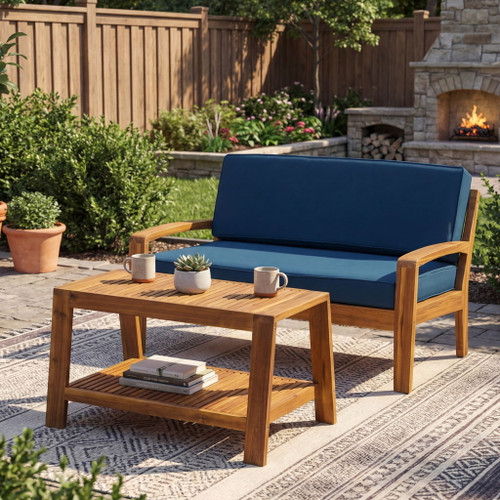 2 Piece Outdoor Conversation Set (Loveseat & Coffee Table With Water-Resistant Cushions) - Dark Blue / Teak
