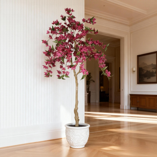 6FT Artificial Bougainvillea Tree with Black Plastic Pot, Realistic Flowering Fake Plant for Indoor Home Decor, Potted Faux Tree, 1pc/set