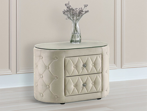 Brigitte Upholstered Bed in Ivory Night Stand and Mattress