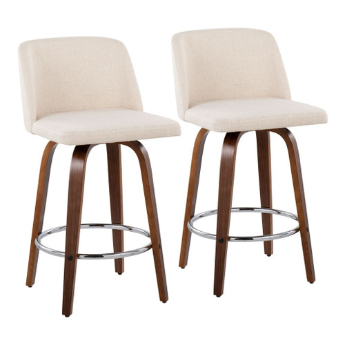 Tintori - Fixed-Height Counter Stool (Set of 2) - Walnut Wood With Round Chrome Footrest And Cream Noise Fabric