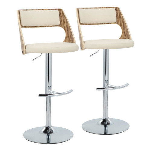 Cecina - Adjustable Barstool With Swivel And Rounded T Footrest (Set of 2) - Chrome Metal, Zebra Wood, And Cream Faux Leather