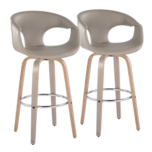 Curvo - 30" Fixed-Height Barstool With Swivel And Round Chrome Metal Footrest (Set of 2) - Light Gray Wood And Light Gray Faux Leather