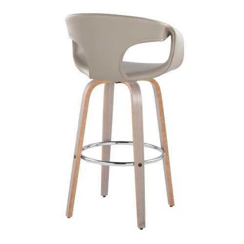 Curvo - 30" Fixed-Height Barstool With Swivel And Round Chrome Metal Footrest (Set of 2) - Light Gray Wood And Light Gray Faux Leather