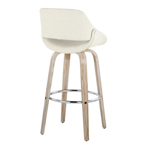 Fabrizzi - 30" Fixed-Height Barstool With Swivel And Round Chrome Metal Footrest (Set of 2) - White Washed Wood And Cream Noise Fabric
