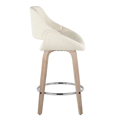Fabrizzi - 26" Fixed-Height Counter Stool With Swivel And Round Chrome Metal Footrest (Set of 2) - White Washed Wood And Cream Noise Fabric