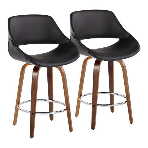 Fabrizzi - Fixed-Height Counter Stool With Round Chrome Footrest (Set of 2) - Walnut Wood And Black Faux Leather