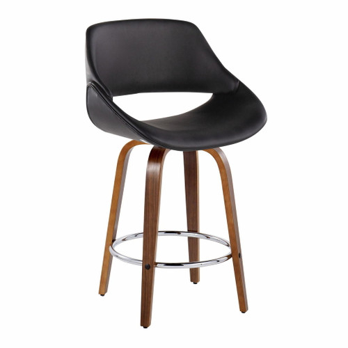 Fabrizzi - Fixed-Height Counter Stool With Round Chrome Footrest (Set of 2) - Walnut Wood And Black Faux Leather