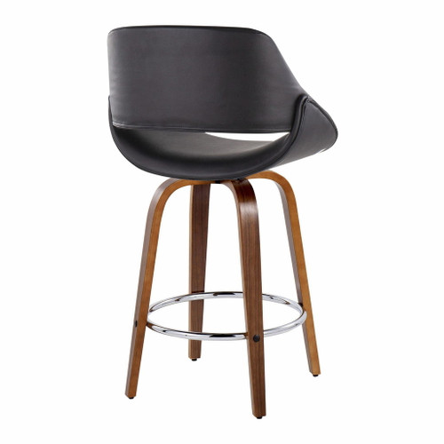 Fabrizzi - Fixed-Height Counter Stool With Round Chrome Footrest (Set of 2) - Walnut Wood And Black Faux Leather