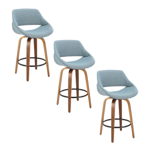 Fabrizzi - 26" Fixed-Height Counter Stool With Swivel And Round Black Metal Footrest (Set of 3) - Walnut Wood And Blue Noise Fabric