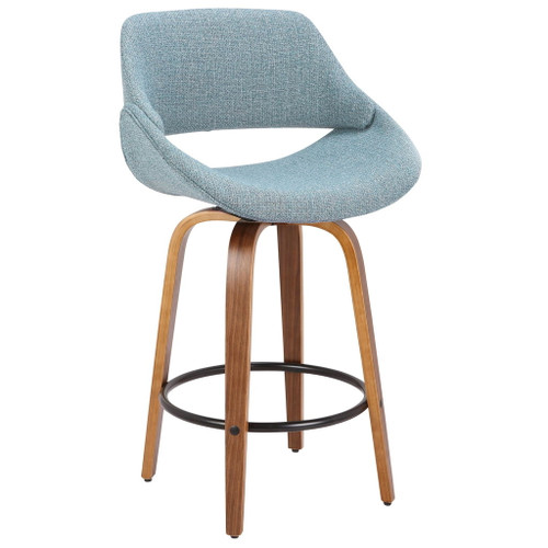 Fabrizzi - 26" Fixed-Height Counter Stool With Swivel And Round Black Metal Footrest (Set of 3) - Walnut Wood And Blue Noise Fabric