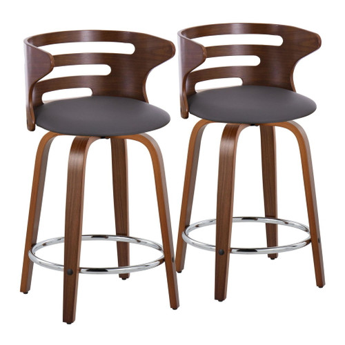 Cosi - 24" Fixed-Height Counter Stool With Swivel And Round Chrome Metal Footrest (Set of 2) - Walnut Wood And Brown Faux Leather