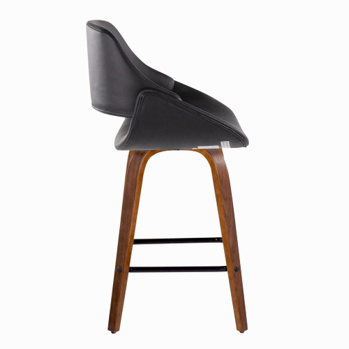 Fabrizzi - Fixed-Height Counter Stool With Square Black Footrest (Set of 2) - Walnut Wood And Black Faux Leather