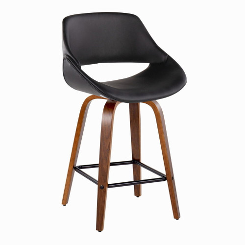 Fabrizzi - Fixed-Height Counter Stool With Square Black Footrest (Set of 2) - Walnut Wood And Black Faux Leather