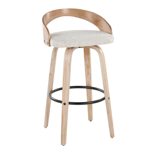 Grotto - 30" Fixed-Height Barstool With Swivel And Round Black Metal Footrest (Set of 2) - White Washed Wood And Oat Fabric