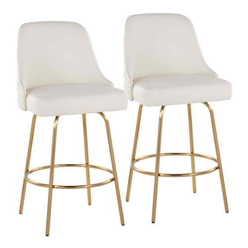 Marcel - 27" Fixed-Height Counter Stool With Swivel And Round Gold Metal Footrest (Set of 2) - Gold Metal And White Faux Leather With Gold Nailhead Trim