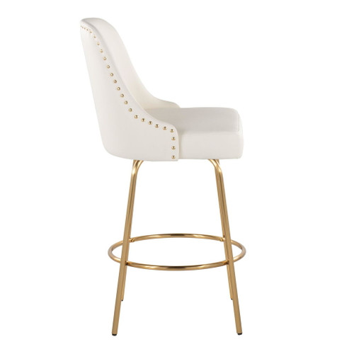 Marcel - 27" Fixed-Height Counter Stool With Swivel And Round Gold Metal Footrest (Set of 2) - Gold Metal And White Faux Leather With Gold Nailhead Trim