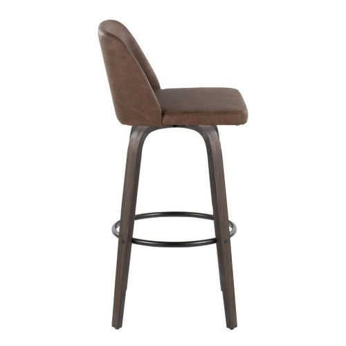 Tintori - 30" Fixed-Height Barstool With Swivel And Round Black Metal Footrest (Set of 2) - Walnut Glazed Wood And Espresso Faux Leather