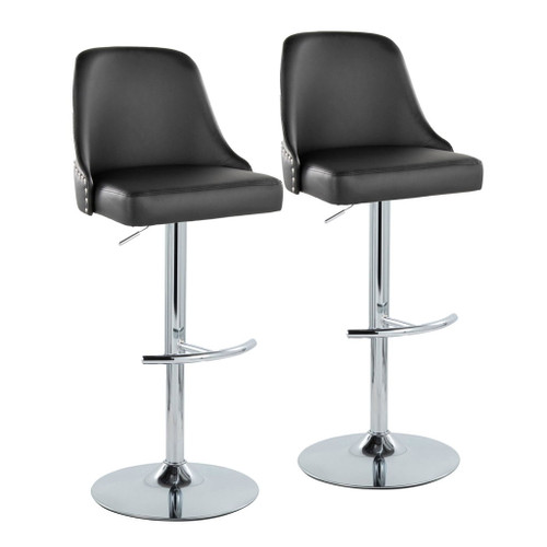 Marcel - Adjustable Barstool With Rounded T Footrest (Set of 2) - Chrome Metal And Black Faux Leather With Chrome Nailhead Trim