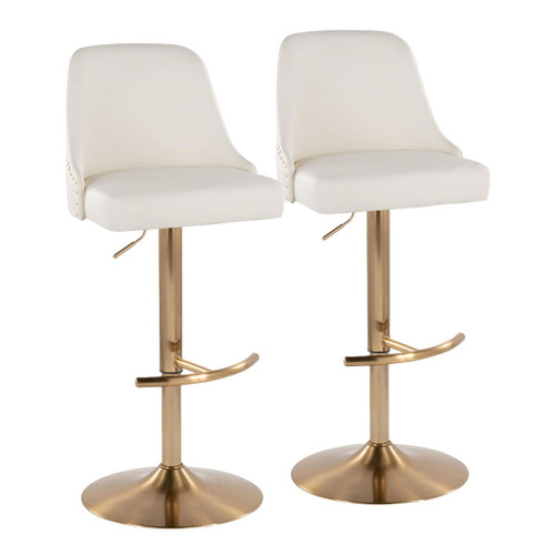 Marcel - Adjustable Barstool With Rounded T Footrest (Set of 2) - Gold Metal And White Faux Leather With Gold Nailhead Trim
