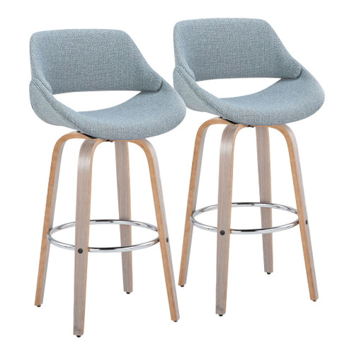 Fabrizzi - 30" Fixed-Height Barstool With Swivel And Round Chrome Metal Footrest (Set of 2) - Light Gray Wood And Blue Noise Fabric