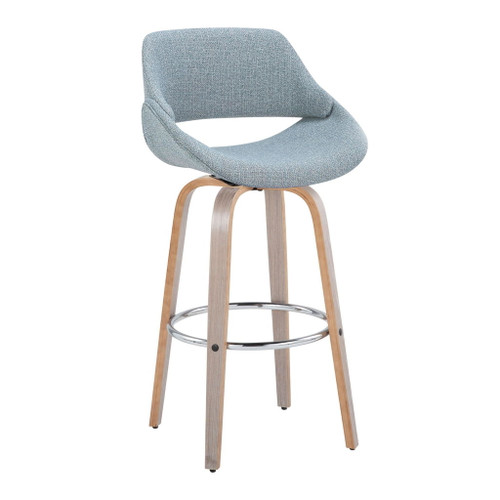 Fabrizzi - 30" Fixed-Height Barstool With Swivel And Round Chrome Metal Footrest (Set of 2) - Light Gray Wood And Blue Noise Fabric