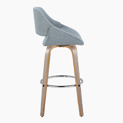 Fabrizzi - 30" Fixed-Height Barstool With Swivel And Round Chrome Metal Footrest (Set of 2) - Light Gray Wood And Blue Noise Fabric