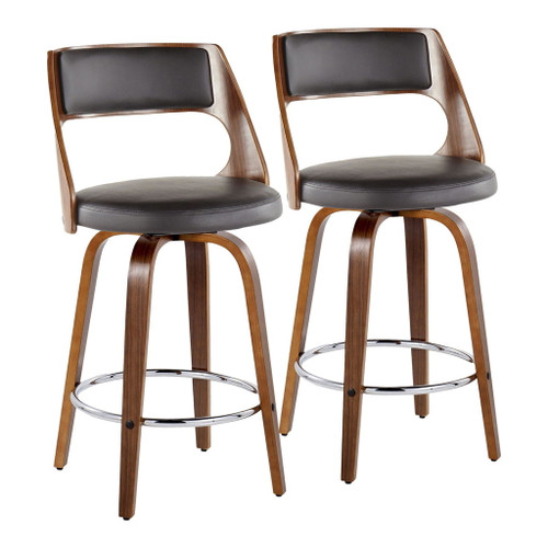 Cecina - 26" Fixed-Height Counter Stool With Swivel And Round Chrome Metal Footrest (Set of 2) - Walnut Wood