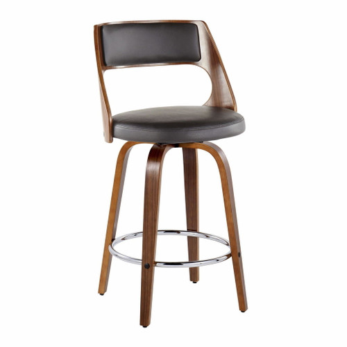 Cecina - 26" Fixed-Height Counter Stool With Swivel And Round Chrome Metal Footrest (Set of 2) - Walnut Wood