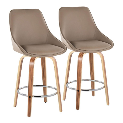 Diana - 26" Fixed-Height Counter Stool With Swivel And Round Chrome Metal Footrest (Set of 2) - Zebra Wood
