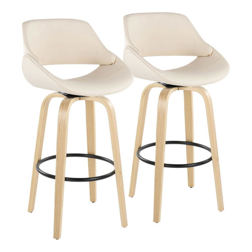 Fabrizzi - 30" Fixed-Height Barstool With Swivel And Round Black Metal Footrest (Set of 2) - Natural Wood