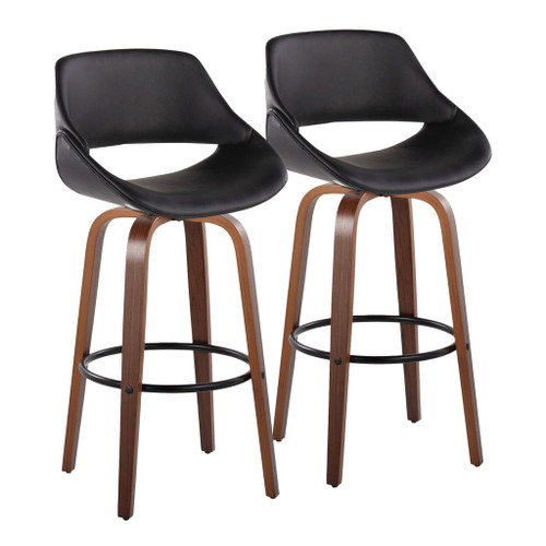 Fabrizzi - 30" Fixed-Height Barstool With Swivel And Round Black Metal Footrest (Set of 2) - Walnut Wood