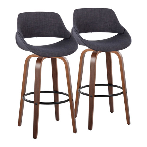 Fabrizzi - 30" Fixed-Height Barstool With Swivel And Round Black Metal Footrest (Set of 2) - Walnut Wood