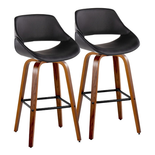 Fabrizzi - 30" Fixed-Height Barstool With Swivel And Square Black Metal Footrest (Set of 2) - Walnut Wood
