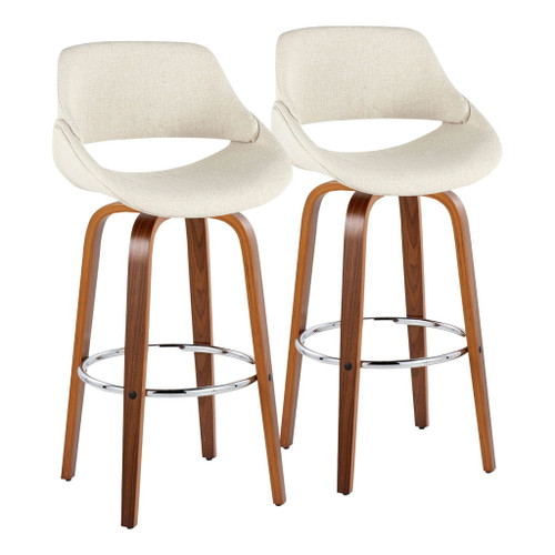 Fabrizzi - 30" Fixed-Height Barstool With Swivel And Round Chrome Metal Footrest (Set of 2) - Walnut Wood