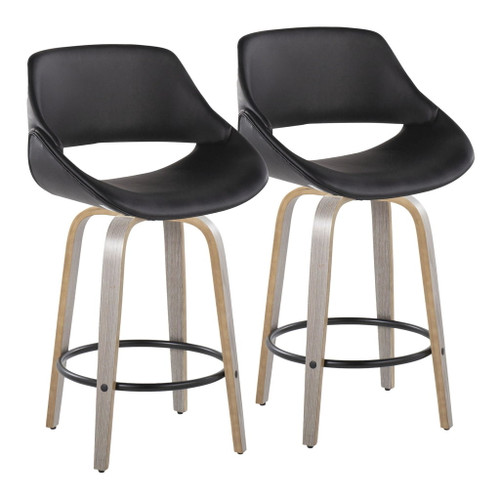 Fabrizzi - 26" Fixed-Height Counter Stool With Swivel And Round Black Metal Footrest (Set of 2) - Light Gray Wood