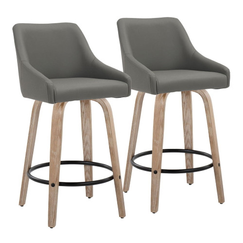 Hannah - Fixed-Height Counter Stool With Swivel And Round Black Metal Footrest (Set of 2) - Whitewashed Wood
