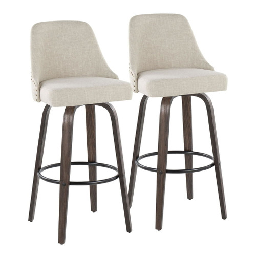 Marcel - 30" Fixed-Height Barstool With Swivel And Round Black Metal Footrest (Set of 2) - Walnut Glazed Wood