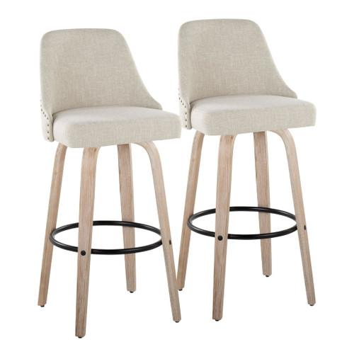 Marcel - 30" Fixed-Height Barstool With Swivel And Round Black Metal Footrest (Set of 2) - Whitewashed Wood