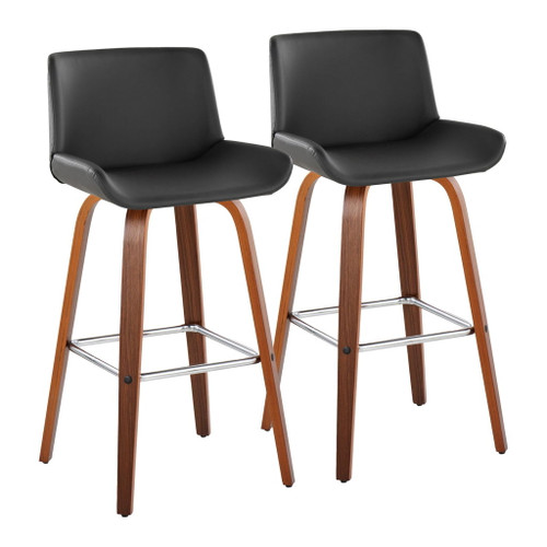 Santi - 30" Fixed-Height Barstool With Swivel And Square Chrome Metal Footrest (Set of 2) - Walnut Wood