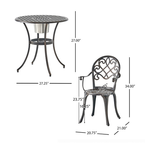 3 Piece Outdoor Aluminium Cast Bistro Set With Ice Bucket - Copper