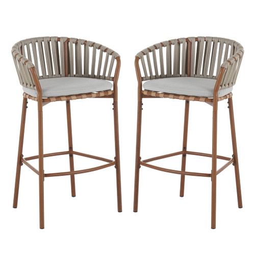 Lodi - Outdoor Matal Rope Barstool, Teak / Beige (Set of 2) - Teak / Beige