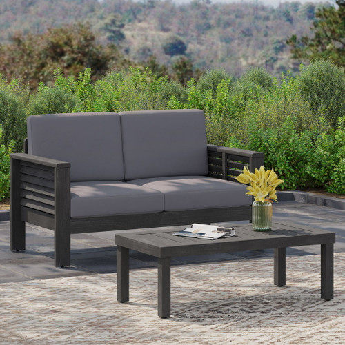 Acacia Wood Loveseat And Coffee Table Set With Cushions