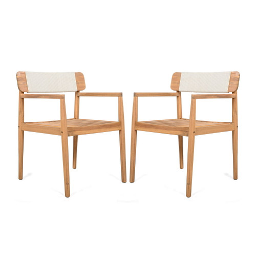 Creative Braided Acacia Wood Outdoor Dining Table And Chairs With Armrests (Set of 2) - Teak / White
