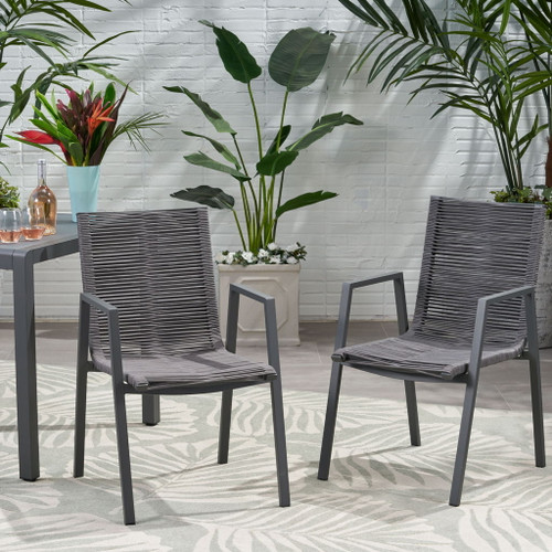 Outdoor Modern Aluminum Dining Chair Set With Rope Sea (Set of 2)