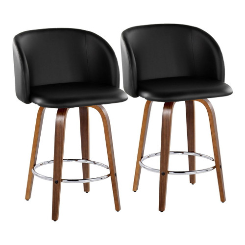 Fran - 25" Fixed-Height Counter Stool (Set of 2) - Walnut Wood, Black Faux Leather, Chrome Metal