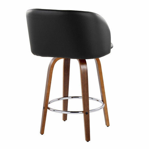 Fran - 25" Fixed-Height Counter Stool (Set of 2) - Walnut Wood, Black Faux Leather, Chrome Metal