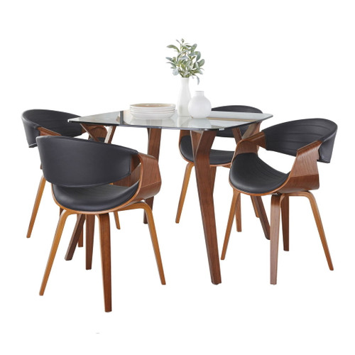 Folia - Symphony 5 Piece Square Dining Set - Clear Glass, Walnut Wood, Black Faux Leather