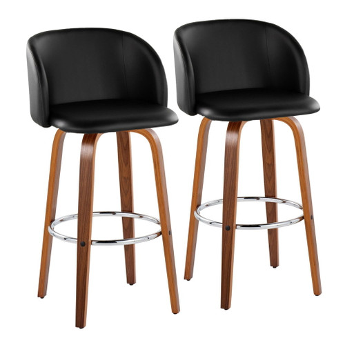 Fran - Fixed-Height Barstool (Set of 2) - Walnut Wood, Black Faux Leather, Chrome Metal