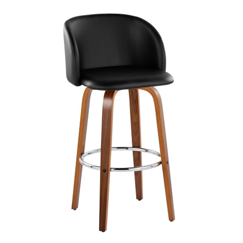 Fran - Fixed-Height Barstool (Set of 2) - Walnut Wood, Black Faux Leather, Chrome Metal